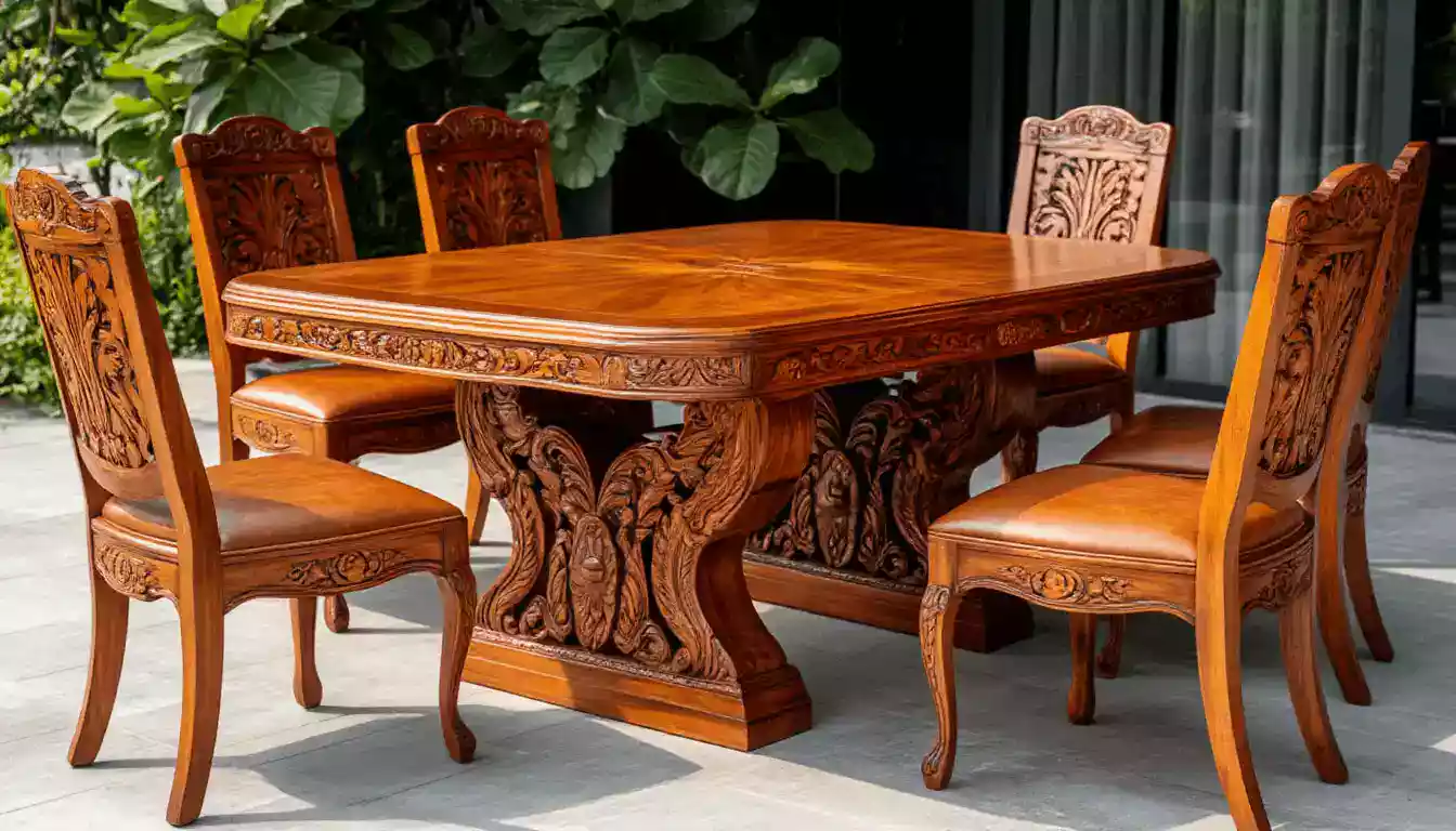 Six seater teak dining table with hand carved lotus border pattern along edges and relief carved legs finished with beeswax polish