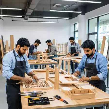 Eight skilled artisans working together in TimberArt Bangalore workshop with hand tools carving furniture pieces and training new apprentices daily