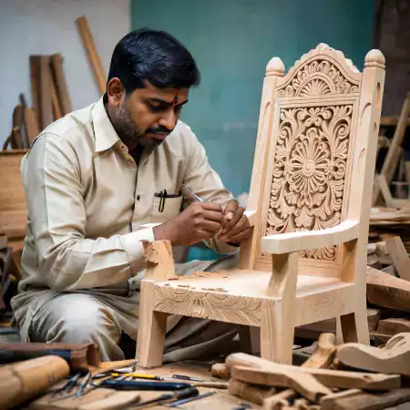Arjun Kumar third generation master carver and workshop manager specializing in floral relief patterns working with chisels at Bangalore TimberArt since childhood