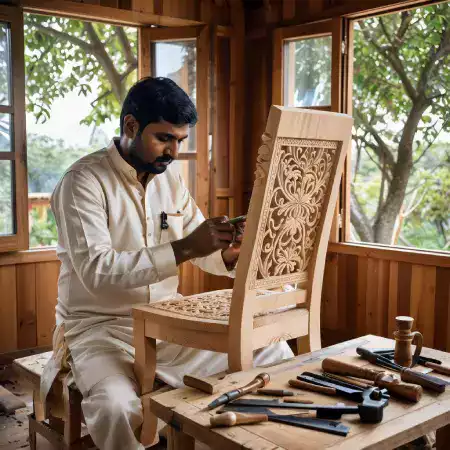 Vijay Prakash joinery master with twenty two years experience cutting precise hand fitted joints exclusively using traditional hand tools for furniture lasting generations