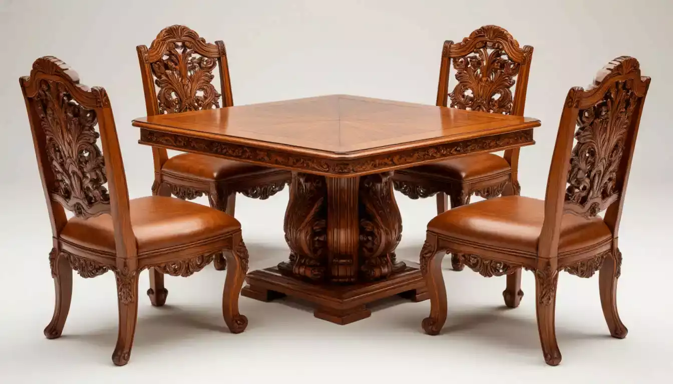 Golden honey colored teak wood dining table with natural grain visible showing water resistant properties priced at four thousand eight hundred rupees per cubic foot