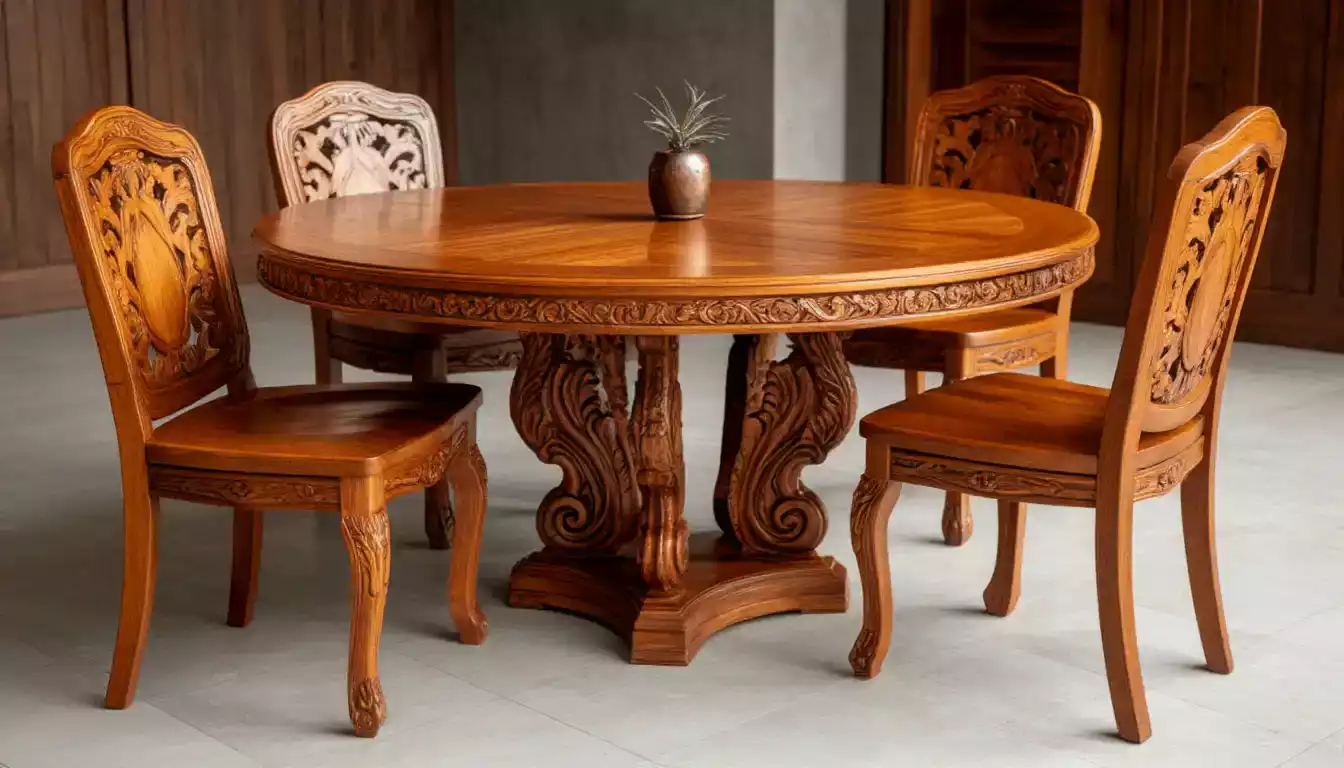 Dark chocolate brown Indian rosewood chair with distinctive purple streaks throughout showing high polish finish used for premium furniture at eight thousand rupees