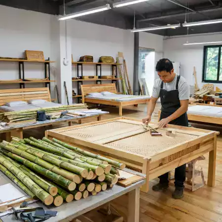 Arjun Kumar inspecting teak wood planks from Karnataka suppliers checking grain pattern and density in workshop yard