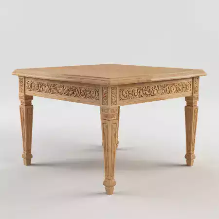Classic six seater teak dining table with lotus border pattern carved along all edges and vertical floral relief work on legs priced ninety five thousand rupees
