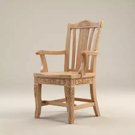 Traditional teak dining chair with lotus pattern carved into backrest using mortise and tenon joinery priced eighteen thousand five hundred rupees per piece