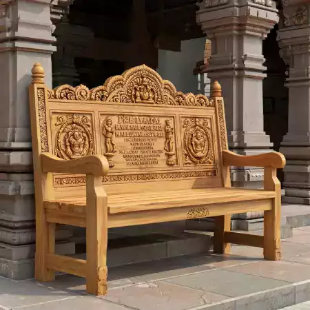 Teak wooden bench for Malleswaram temple entrance with religious symbols and donor names carved into backrest designed for outdoor monsoon weather