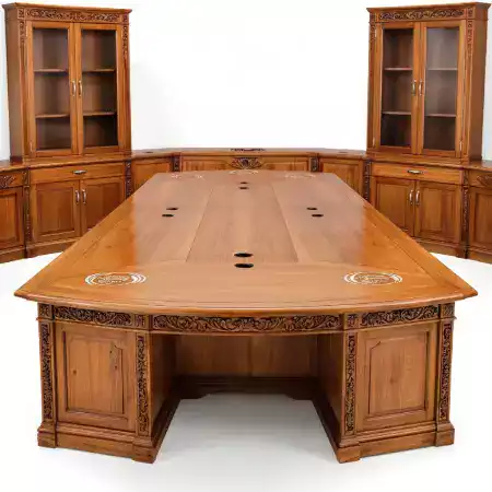 Sheesham boardroom conference table seating twelve people with company logo carved at both ends and integrated cable management holes for office use