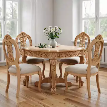 Completed eight seater rosewood dining set with matching carved chairs featuring geometric border pattern ready for customer delivery from workshop